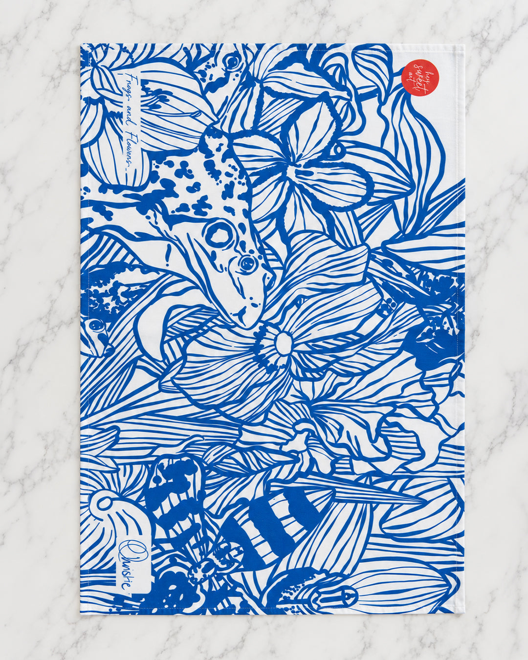 Frogs & Flowers Blue Tea Towel