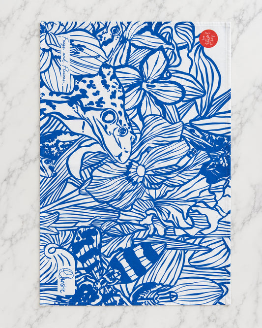 Frogs & Flowers Blue Tea Towel