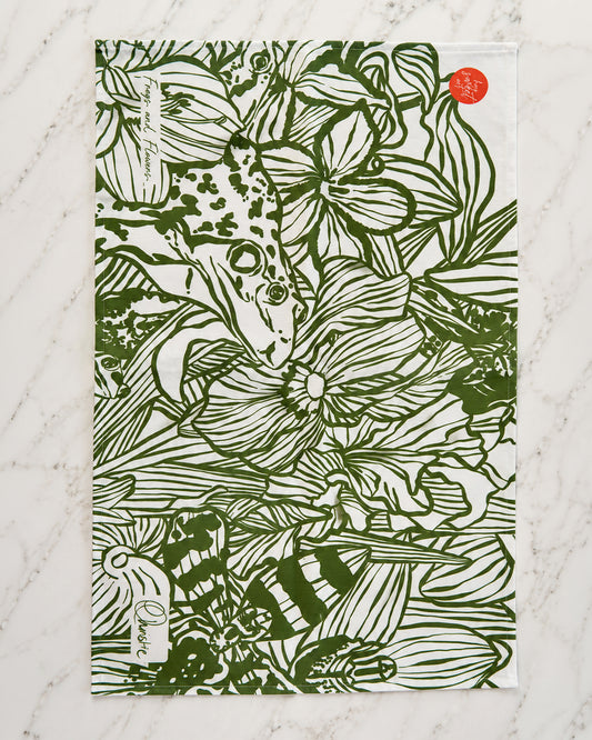 Frogs & Flowers Green Tea Towel